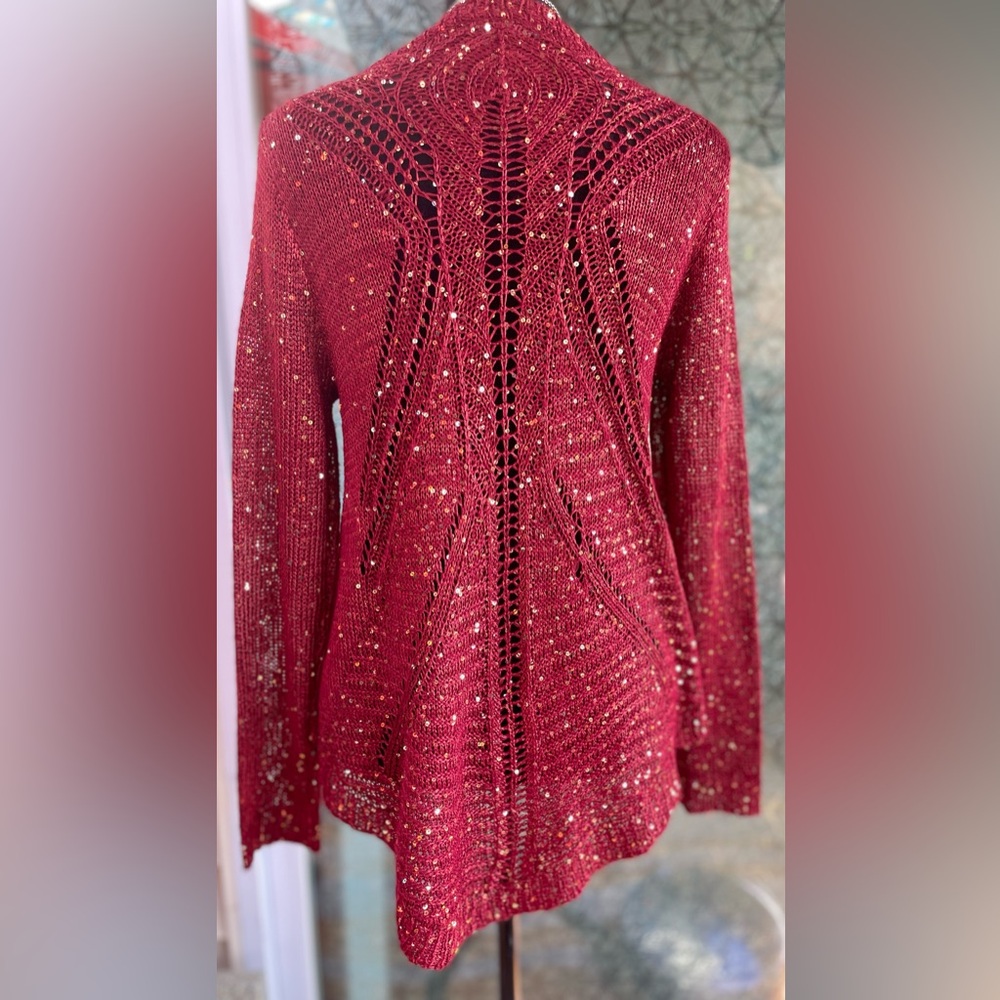 Gorgeous Rust Crochet  Short Long Sweater with Gold Sequins Size Small